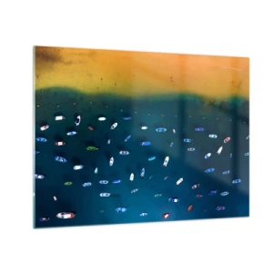 Glass picture - Boats against the backdrop of turquoise water and a golden shore - 70x50cm - Holiday Game - Modern wall decoration for the living room and bedroom ARTTOR