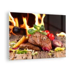 Glass picture - Grilled steak with vegetables against the backdrop of flames - 70x50cm - Smokey Barbecue - Modern wall decoration for the living room and bedroom ARTTOR