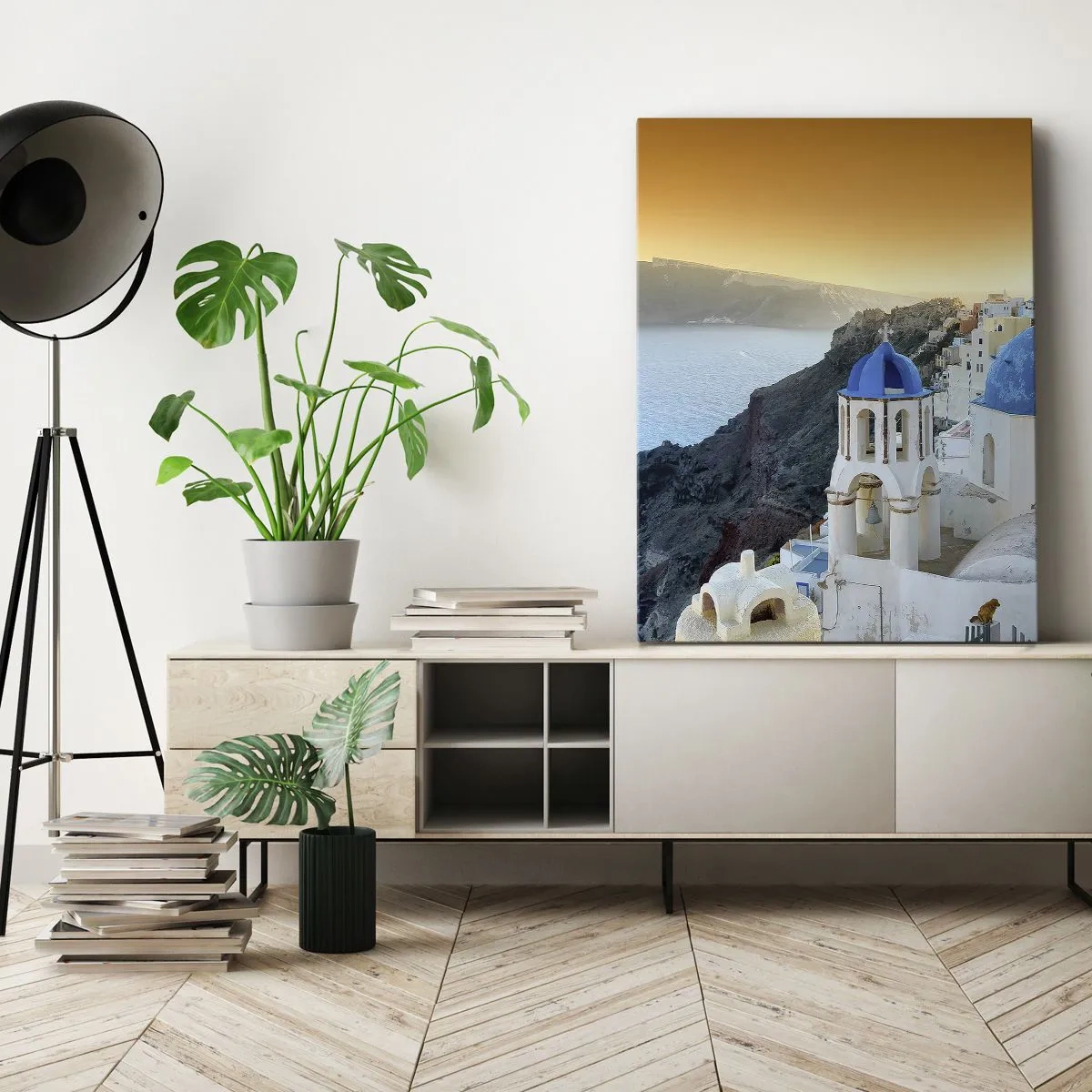 Canvas picture - Santorini - Snuggling up to the Rocks - 55x100 cm
