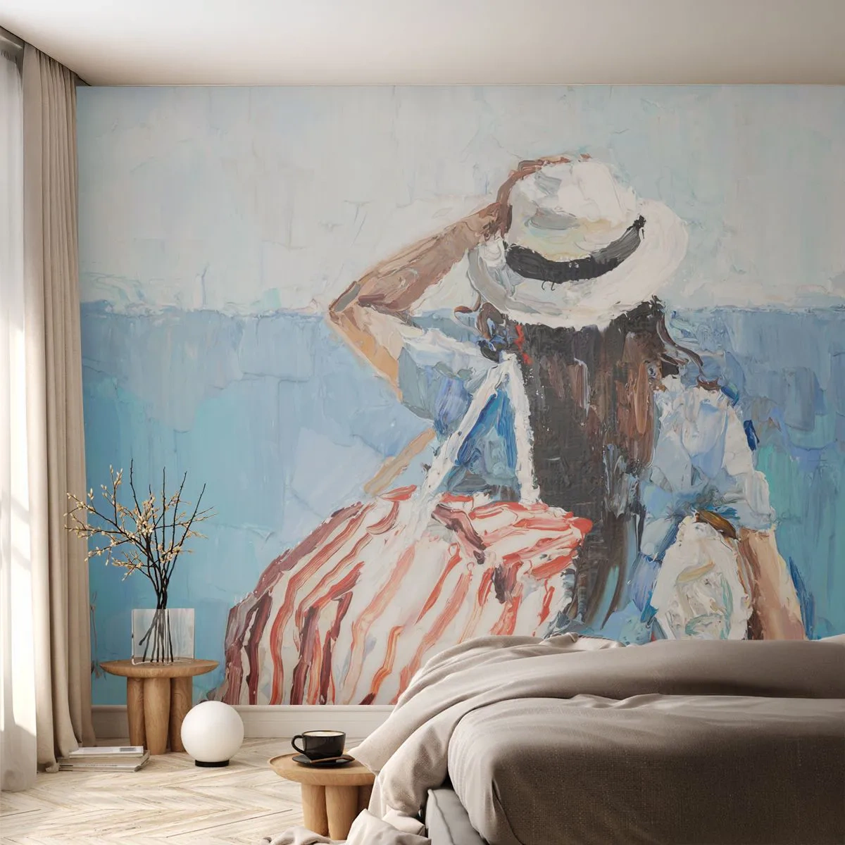 Photo Wallpaper Standard Eco - Woman with a bag and hat by the sea in the style of impressionism - 100x70cm - Welcome to Holiday - Modern wall decoration for the living room and bedroom ARTTOR