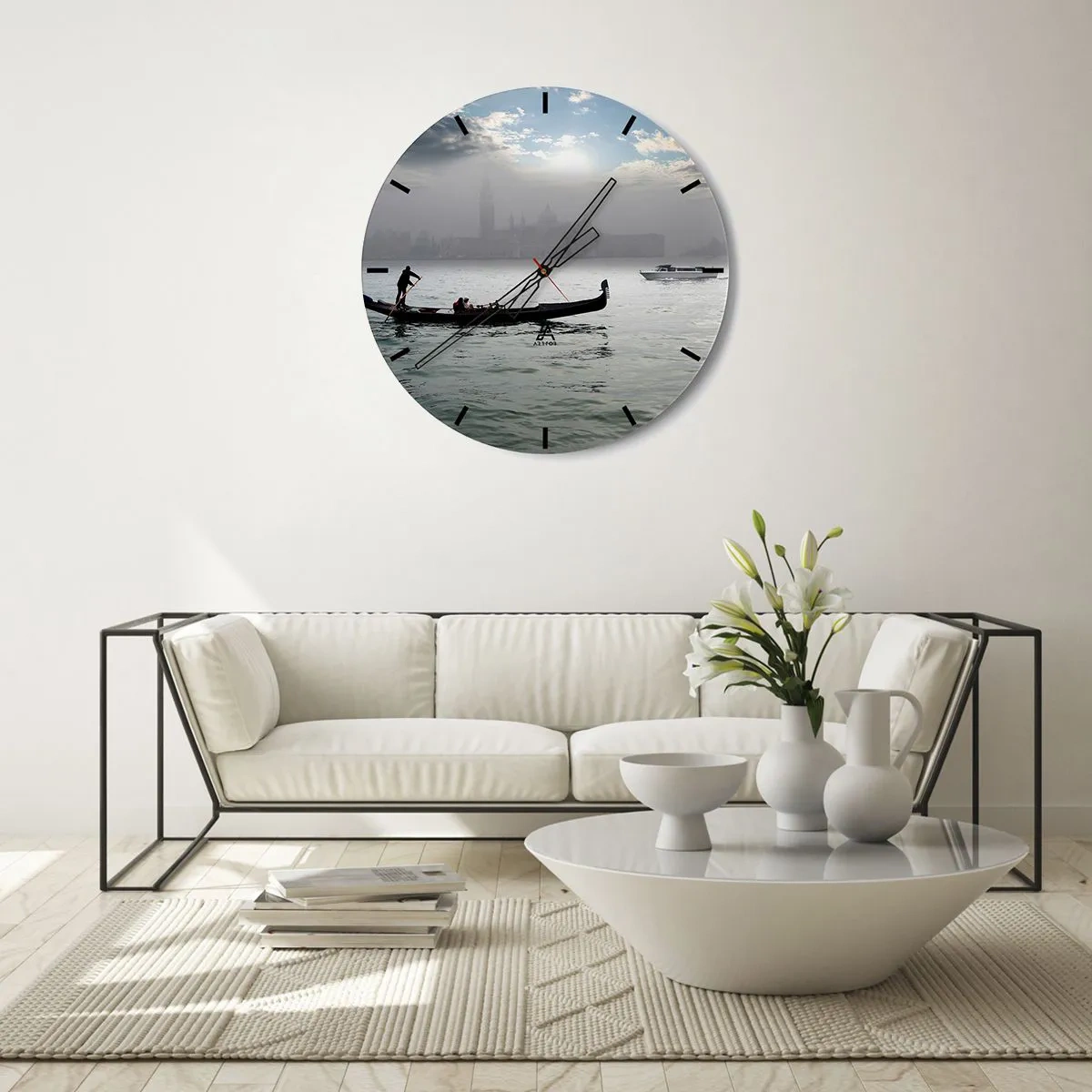 Wall clock - Clock on glass - gondola on calm water with a misty landscape in the background - 30x30cm - Fairytale City from Water and Fog - Modern wall decoration for the living room, kitchen, and bedroom ARTTOR