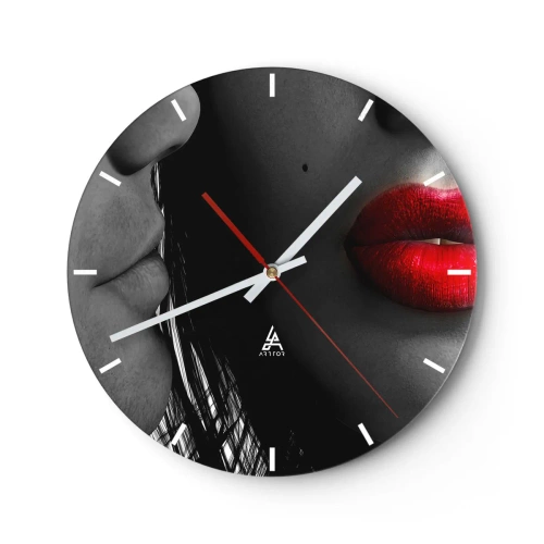Wall clock - Clock on glass - Black and white close-up of a face with red lips - 30x30cm - Face by Face - Modern wall decoration for the living room, kitchen, and bedroom ARTTOR