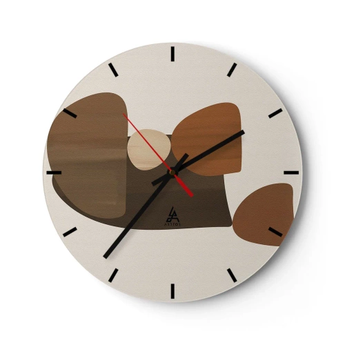 Wall clock - Clock on glass - Abstract shapes in shades of brown on a beige background - 30x30cm - Composition in Brown - Modern wall decoration for the living room, kitchen, and bedroom ARTTOR