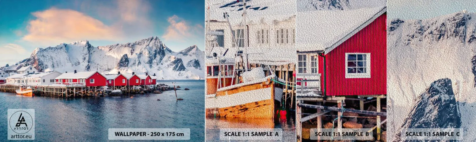 Photo Wallpaper Sample Premium Sand - Northern Retreat - Landscape, Norway, Lofoten - 100x30 cm