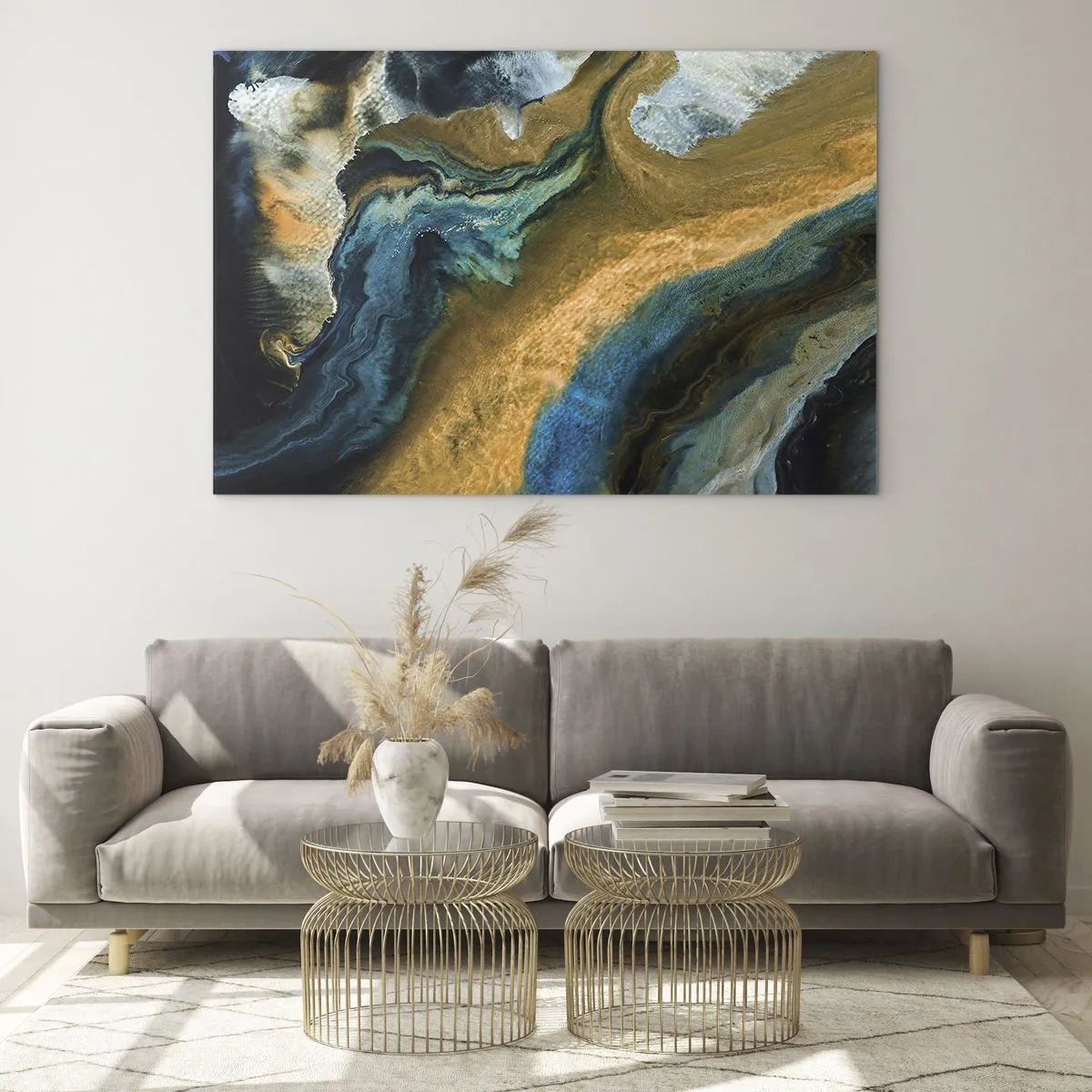 Glass picture - Abstract composition in shades of blue and gold - 70x50cm - Blue -Yellow - Mutal Influences - Modern wall decoration for the living room and bedroom ARTTOR