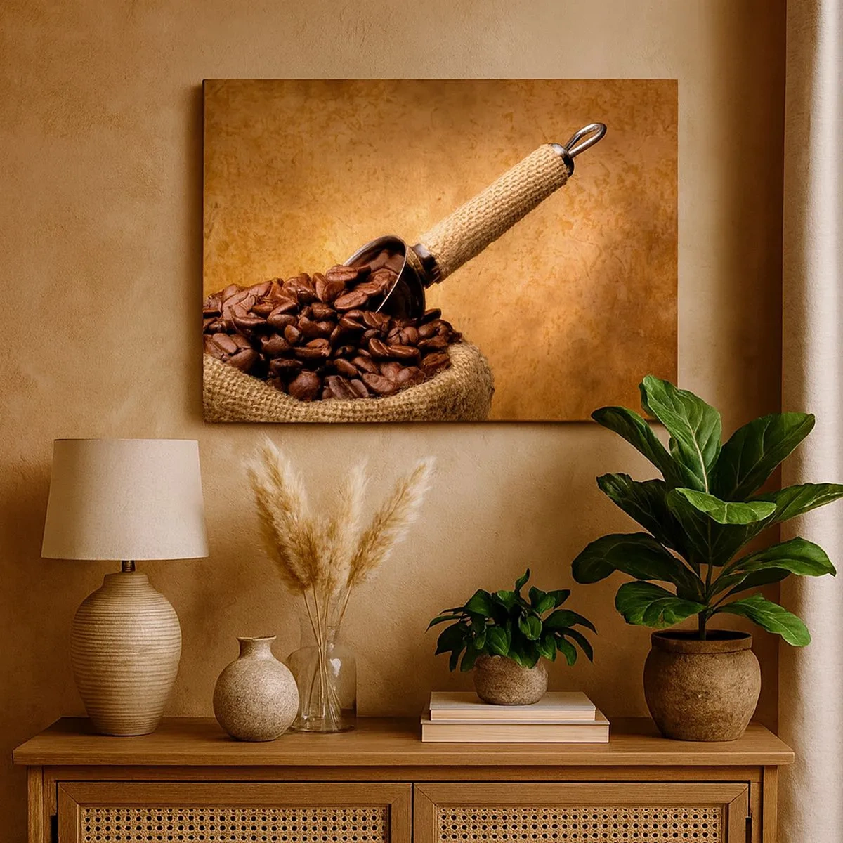 Canvas picture - Coffee beans in a jute bag with a metal spoon - 70x50cm - Grain of Flavour - Modern wall decoration for the living room and bedroom ARTTOR