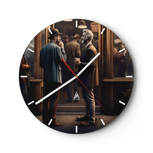 Wall clock - Clock on glass - Two men chatting over coffee in front of a cafe - 30x30cm - Good Time of the Day - Modern wall decoration for the living room, kitchen, and bedroom ARTTOR