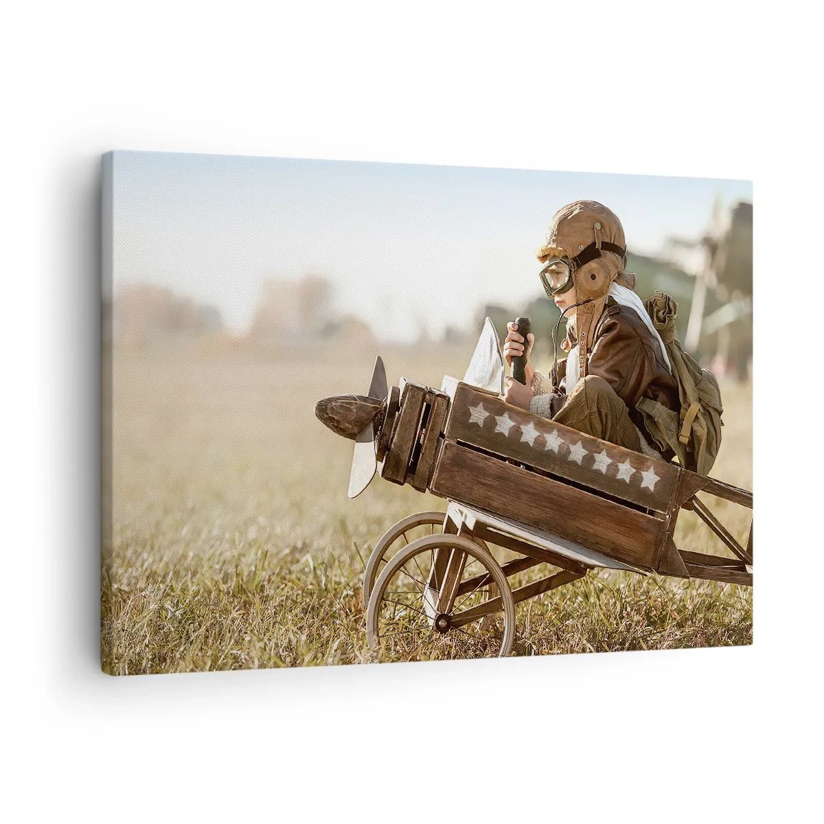 Canvas picture - A child in a toy airplane with a field in the background - 70x50cm - Take off for a Dream - Modern wall decoration for the living room and bedroom ARTTOR