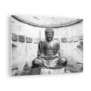 Glass picture - Black and white statue of Buddha in a meditative pose - 70x50cm - At the Source of Peace - Modern wall decoration for the living room and bedroom ARTTOR