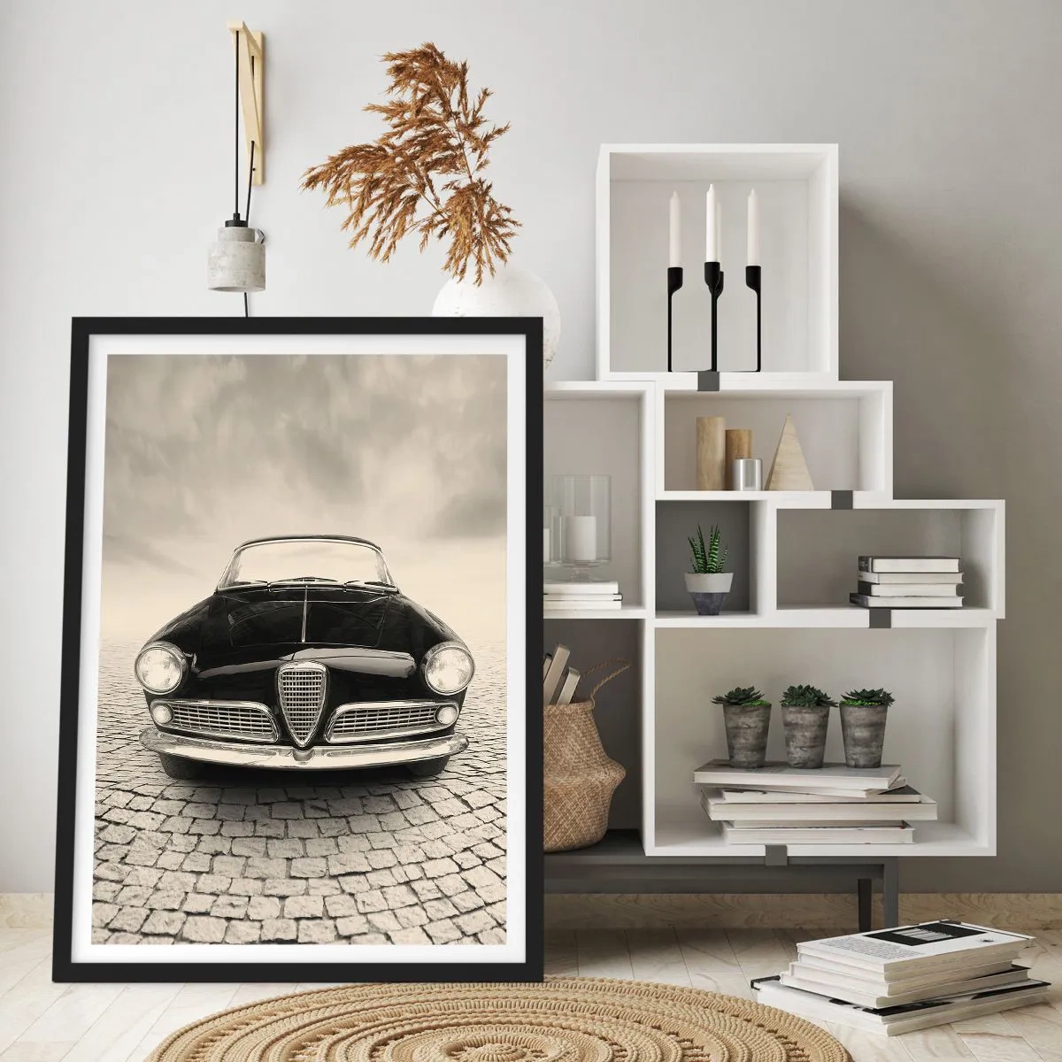 Poster in black frame - The front of a classic car on a cobblestone street - 50x70cm - How Can You not Love Me? - Modern wall decoration for the living room and bedroom ARTTOR