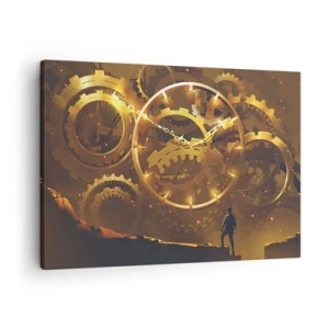Canvas picture - Golden gears in a surreal setting with a figure - 70x50cm - At the Beginning of Time - Modern wall decoration for the living room and bedroom ARTTOR