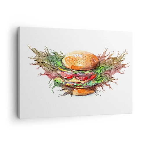 Canvas picture - Artistic illustration of a burger with dynamic elements - 70x50cm - Hot Temptation - Modern wall decoration for the living room and bedroom ARTTOR