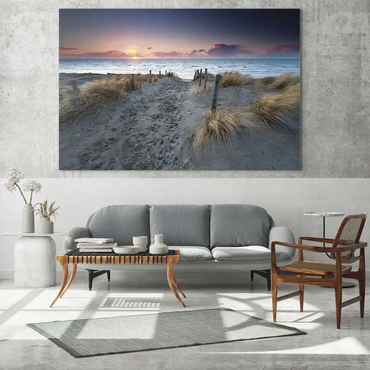 Glass picture - Path through the dunes leading to the sea at sunset - 70x50cm - You Have Spilled a Rainbow of Sparkles… - Modern wall decoration for the living room and bedroom ARTTOR