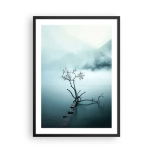 Poster in black frame - A photograph of a lone tree growing out of the water, surrounded by fog and mountains. - 50x70cm - From Water and Fog - Modern wall decoration for the living room and bedroom ARTTOR
