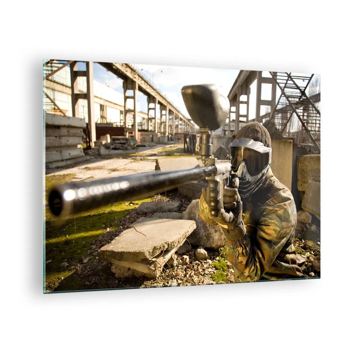 Glass picture - Paintball player in action in an industrial setting - 70x50cm - You Can Be a Hero Too - Modern wall decoration for the living room and bedroom ARTTOR