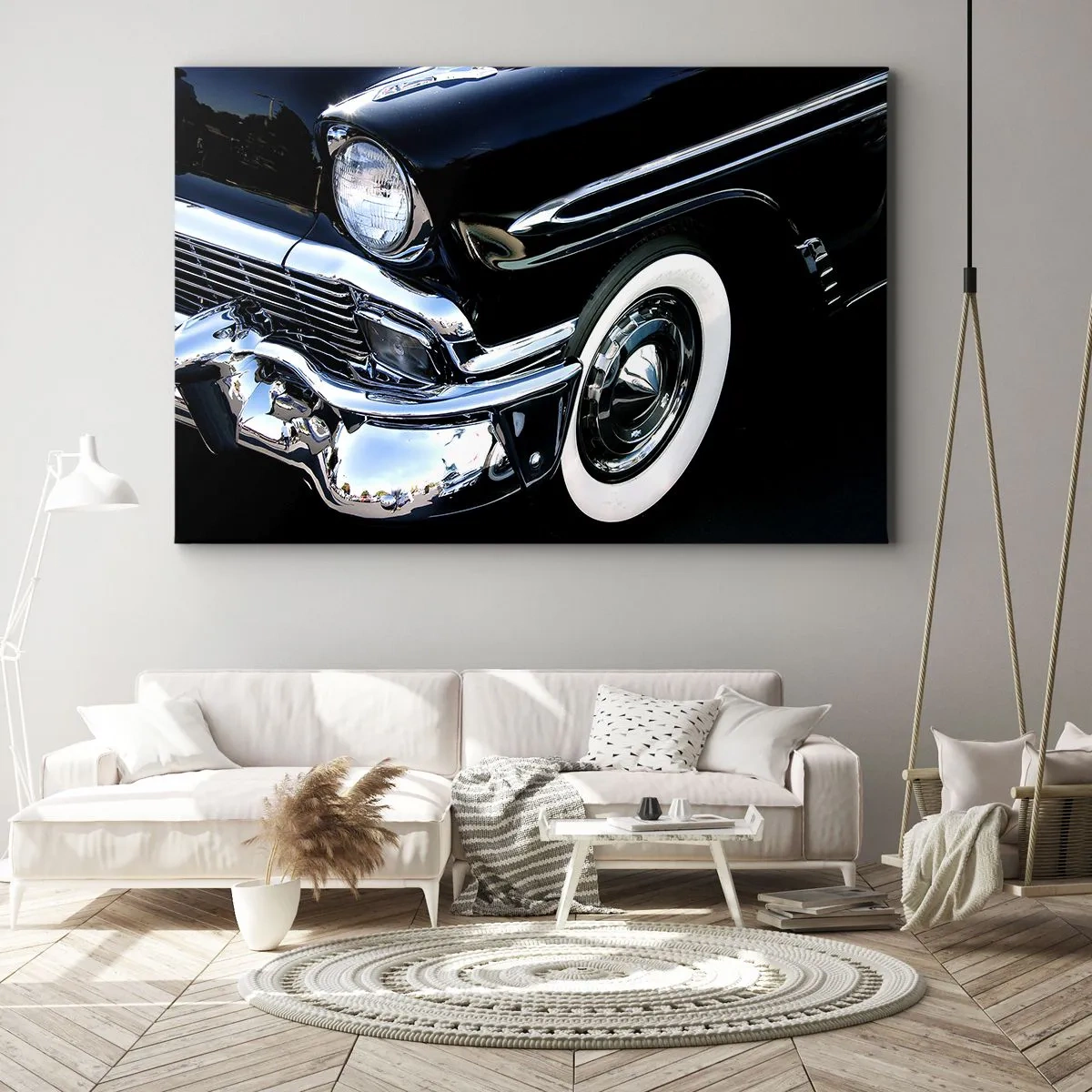 Canvas picture - Black classic car close-up of headlight and fender - 70x50cm - Classics in Silver, Black and White - Modern wall decoration for the living room and bedroom ARTTOR