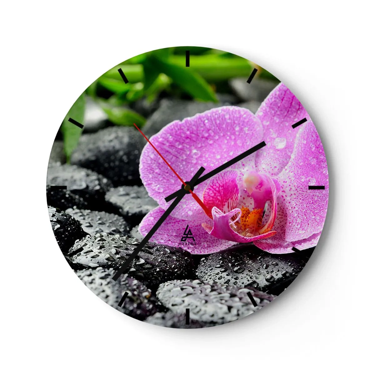 Wall clock - Clock on glass - Pink orchid on wet stones - 30x30cm - Like an Open Heart - Modern wall decoration for the living room, kitchen, and bedroom ARTTOR