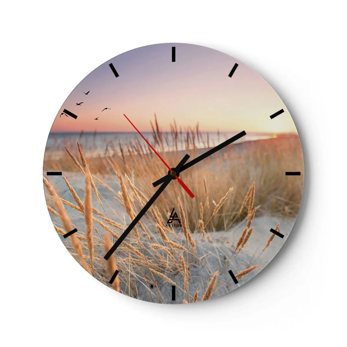 Wall clock - Clock on glass - Beach grass at sunset overlooking the sea - 30x30cm - Baltic Lullaby - Modern wall decoration for the living room, kitchen, and bedroom ARTTOR