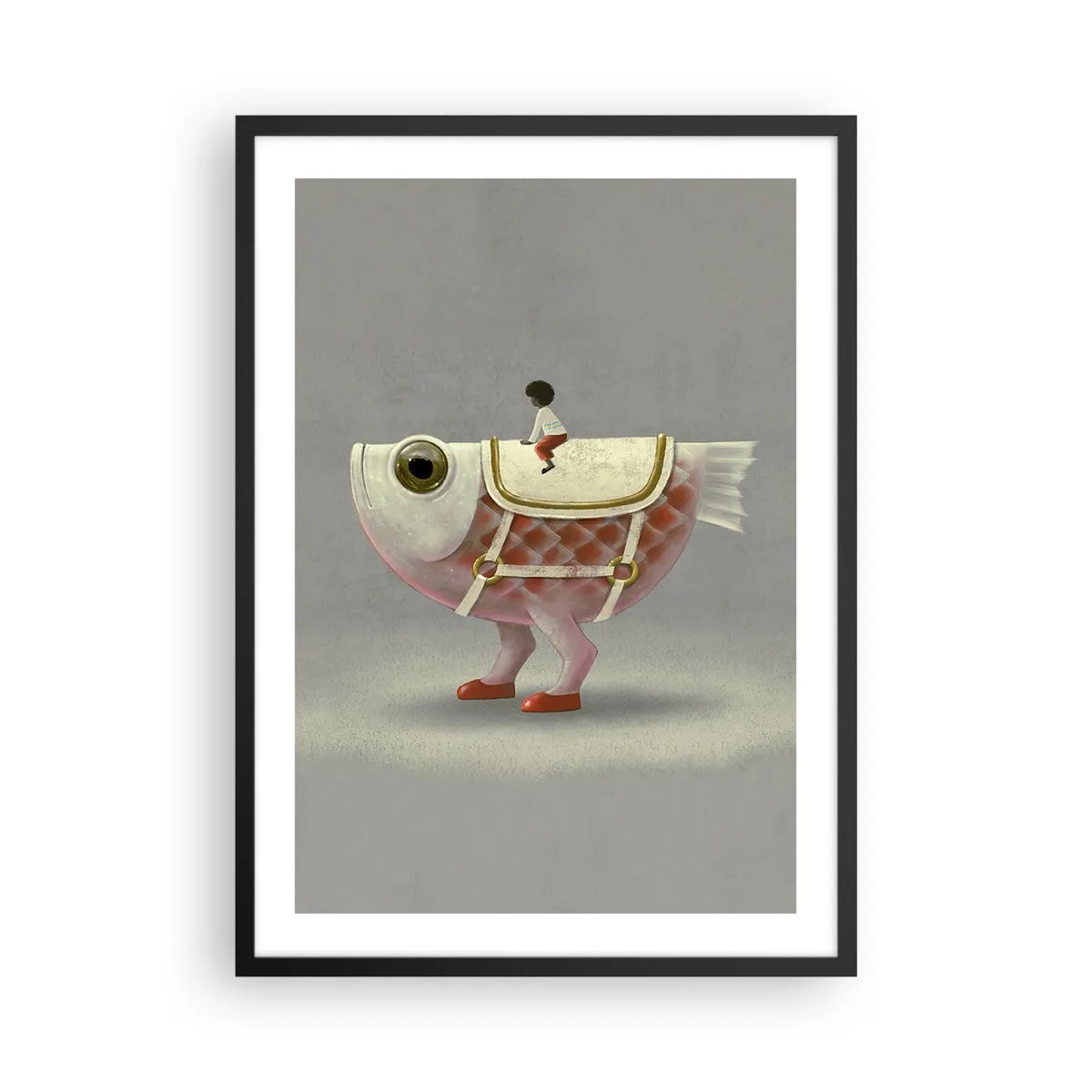 Poster in black frame - A fantasy fish with a saddle and a figure on a gray background - 50x70cm - Fish Jockey - Modern wall decoration for the living room and bedroom ARTTOR