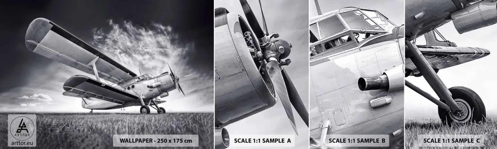 Photo Wallpaper Sample Self-Adhesive Deluxe Sticker - Winged Pilgrim - Plane, Aircraft, Black and white - 100x30 cm