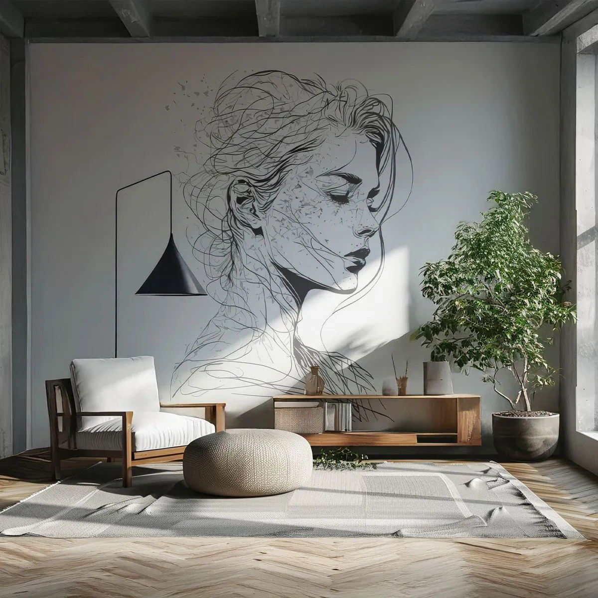 Photo Wallpaper Standard Eco - Portrait in Thoughts - Woman, Portrait, Line - 200x140 cm