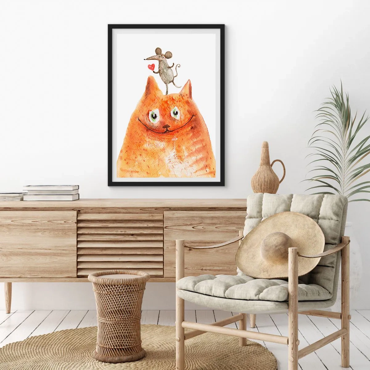 Poster in black frame - A cat with a mouse holding a heart on its head - 50x70cm - Love Paradoxes - Modern wall decoration for the living room and bedroom ARTTOR