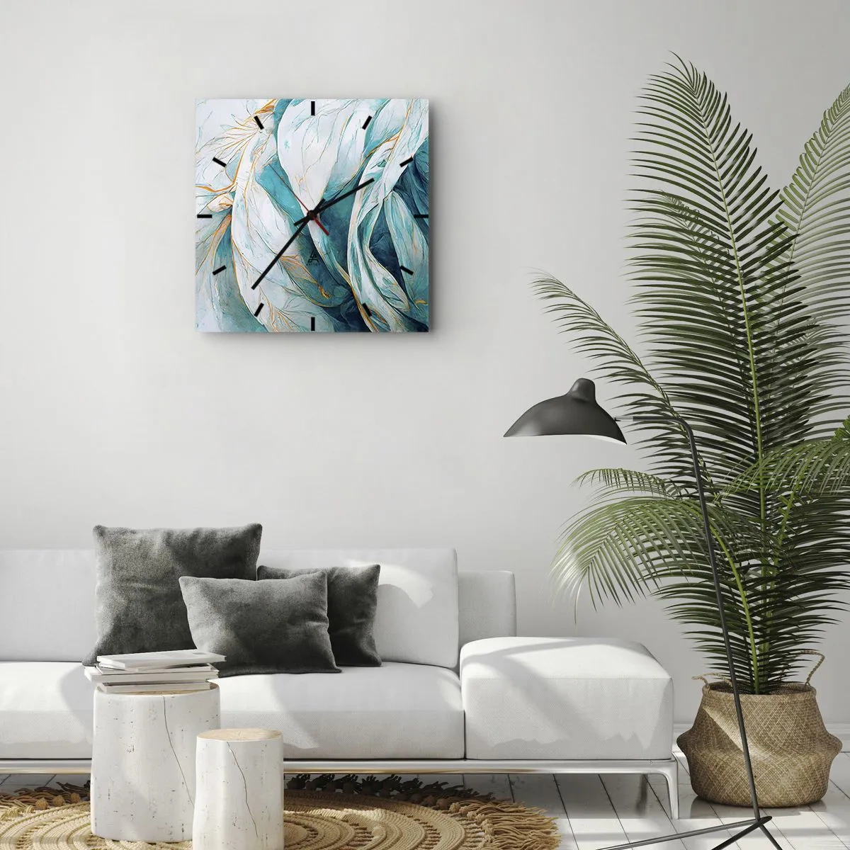 Wall clock - Clock on glass - Blue Abstract with a Golden Motif - 40x40 cm
