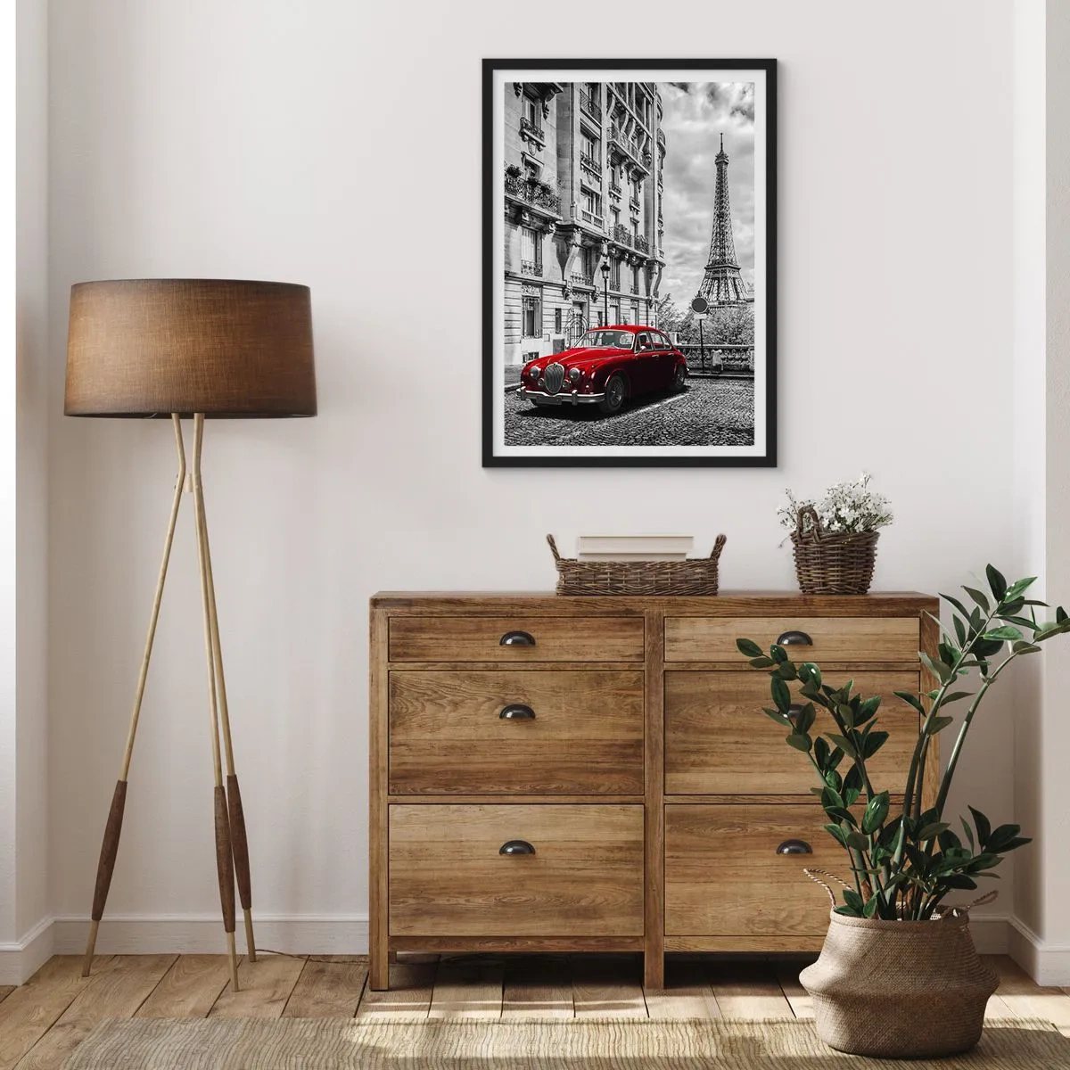 Poster in black frame - A red car with the Eiffel Tower in the background - 50x70cm - Predator in the City - Modern wall decoration for the living room and bedroom ARTTOR