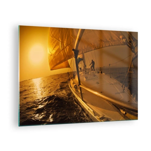 Glass picture - A sailboat against the backdrop of the setting sun - 70x50cm - Golden Evening after a Colourful Day - Modern wall decoration for the living room and bedroom ARTTOR