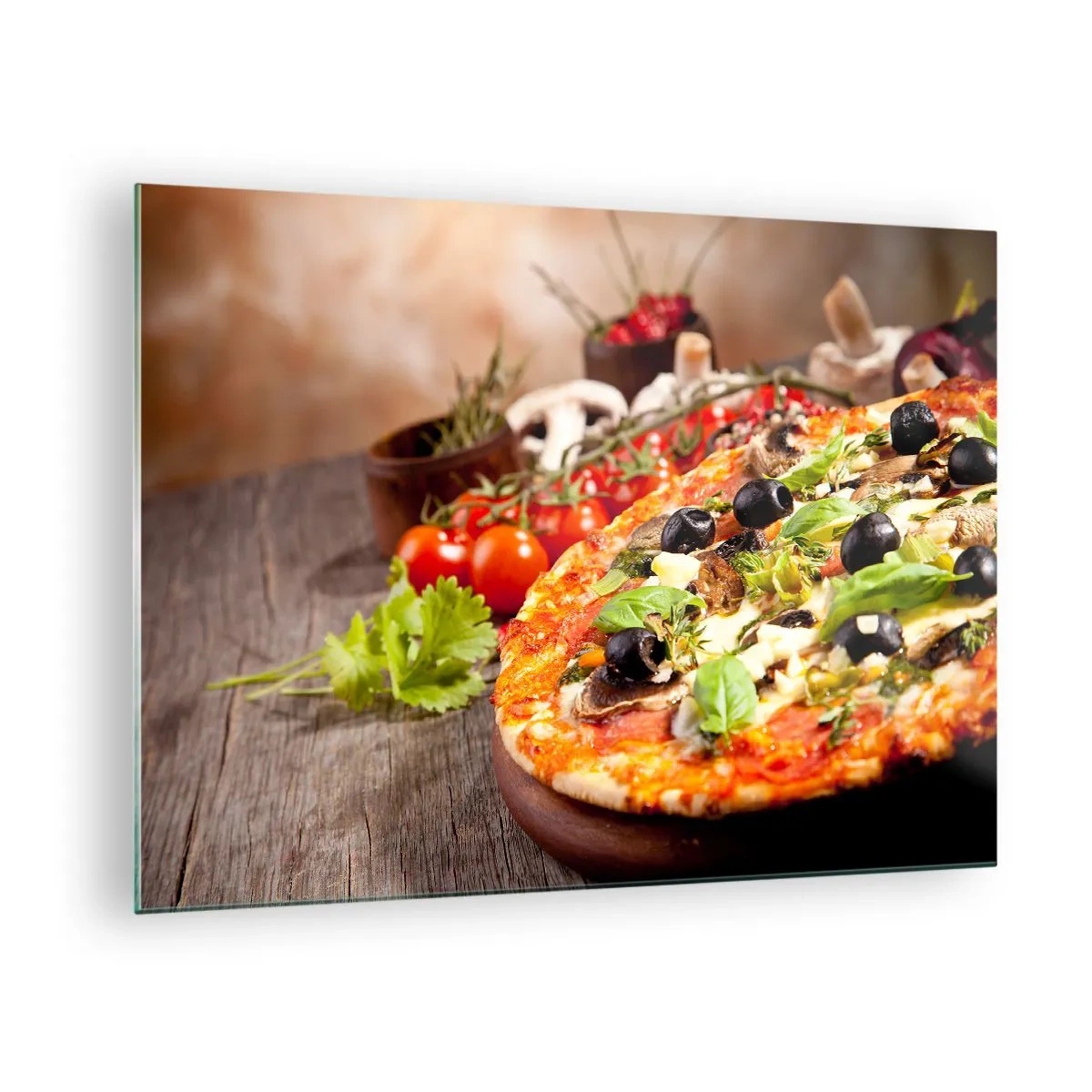 Glass picture - Pizza with olives, mushrooms and fresh herbs on a wooden table - 70x50cm - Earthly Ingredients - Modern wall decoration for the living room and bedroom ARTTOR
