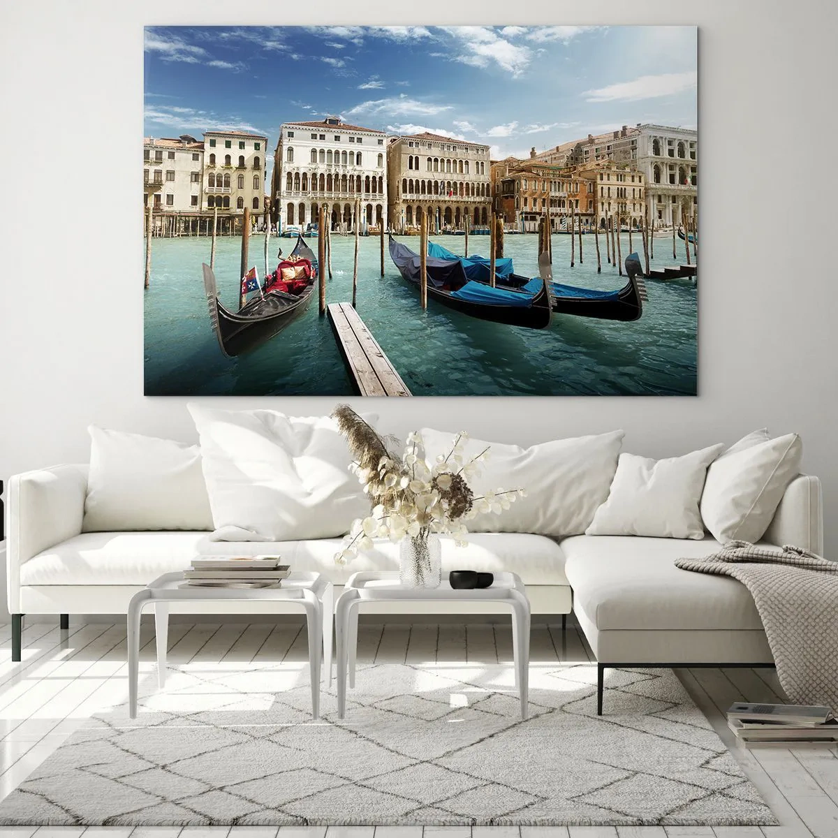 Glass picture - Gondolas on a canal in Venice on a sunny day - 70x50cm - Palaces in Blue - Modern wall decoration for the living room and bedroom ARTTOR
