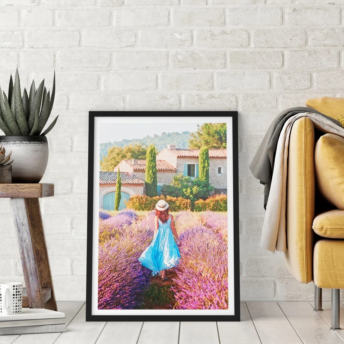 Poster in black frame - A woman in a blue dress walking through a lavender field. - 50x70cm - Lavender Girl - Modern wall decoration for the living room and bedroom ARTTOR