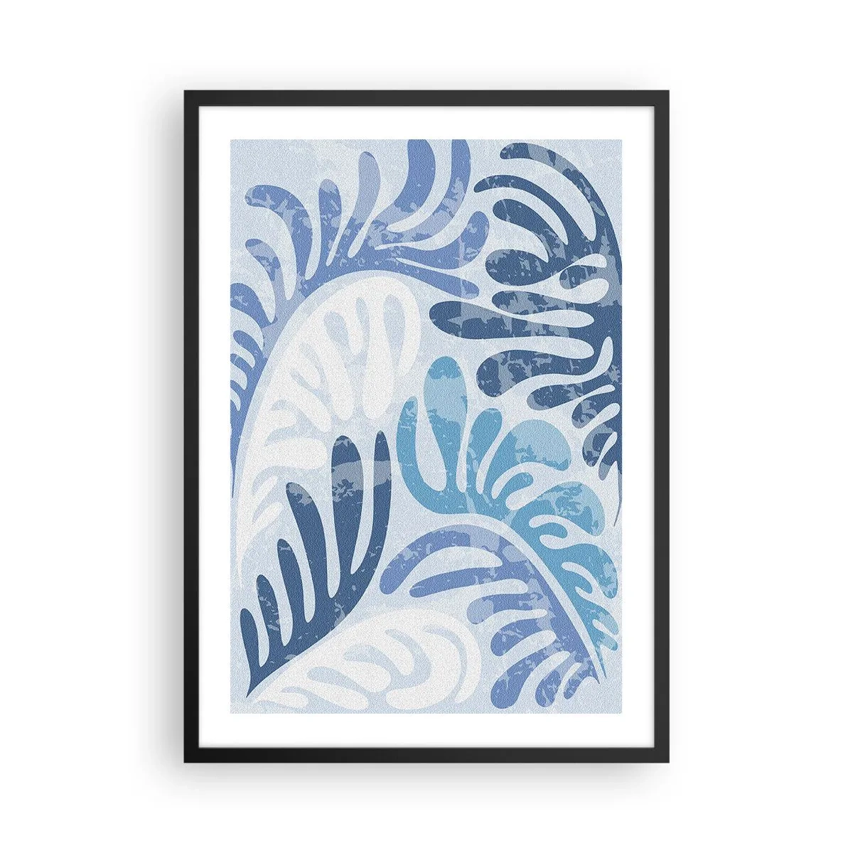 Poster in black frame - Abstract composition of leaves in shades of blue - 50x70cm - Blue Ferns - Modern wall decoration for the living room and bedroom ARTTOR