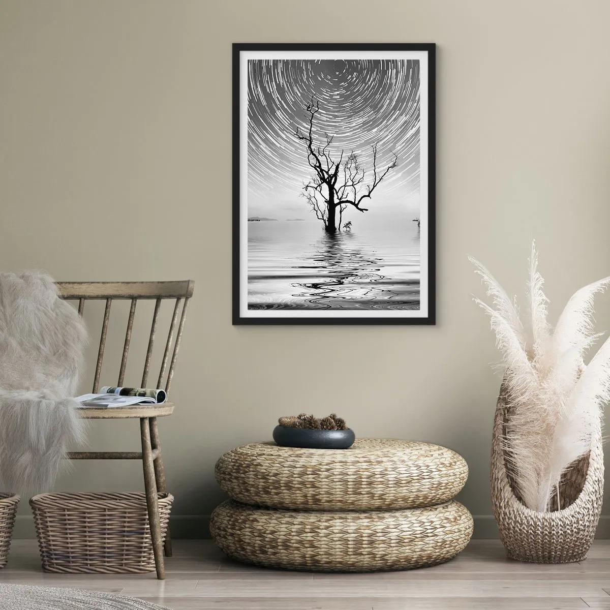 Poster in black frame - Star swirls over a lonely tree in the water - 50x70cm - Symphony of Nature - Modern wall decoration for the living room and bedroom ARTTOR