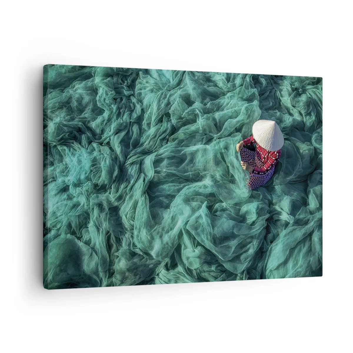 Canvas picture - A person with a hat among green fishing nets - 70x50cm - In the Sea of Nets - Modern wall decoration for the living room and bedroom ARTTOR
