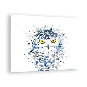 Glass picture - Artistic portrait of an owl with yellow eyes and abstract details. - 70x50cm - Straight in the Eyes - Modern wall decoration for the living room and bedroom ARTTOR