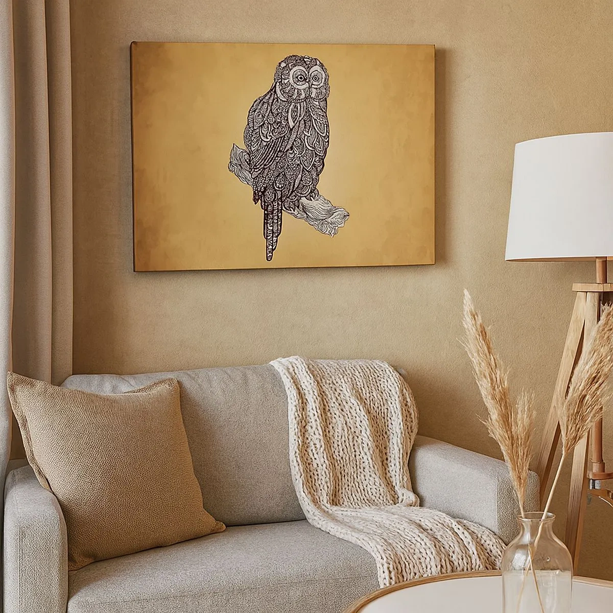 Canvas picture - An owl in an ornamental style on a beige background - 70x50cm - Mysterious Ornaments of Wisdom - Modern wall decoration for the living room and bedroom ARTTOR