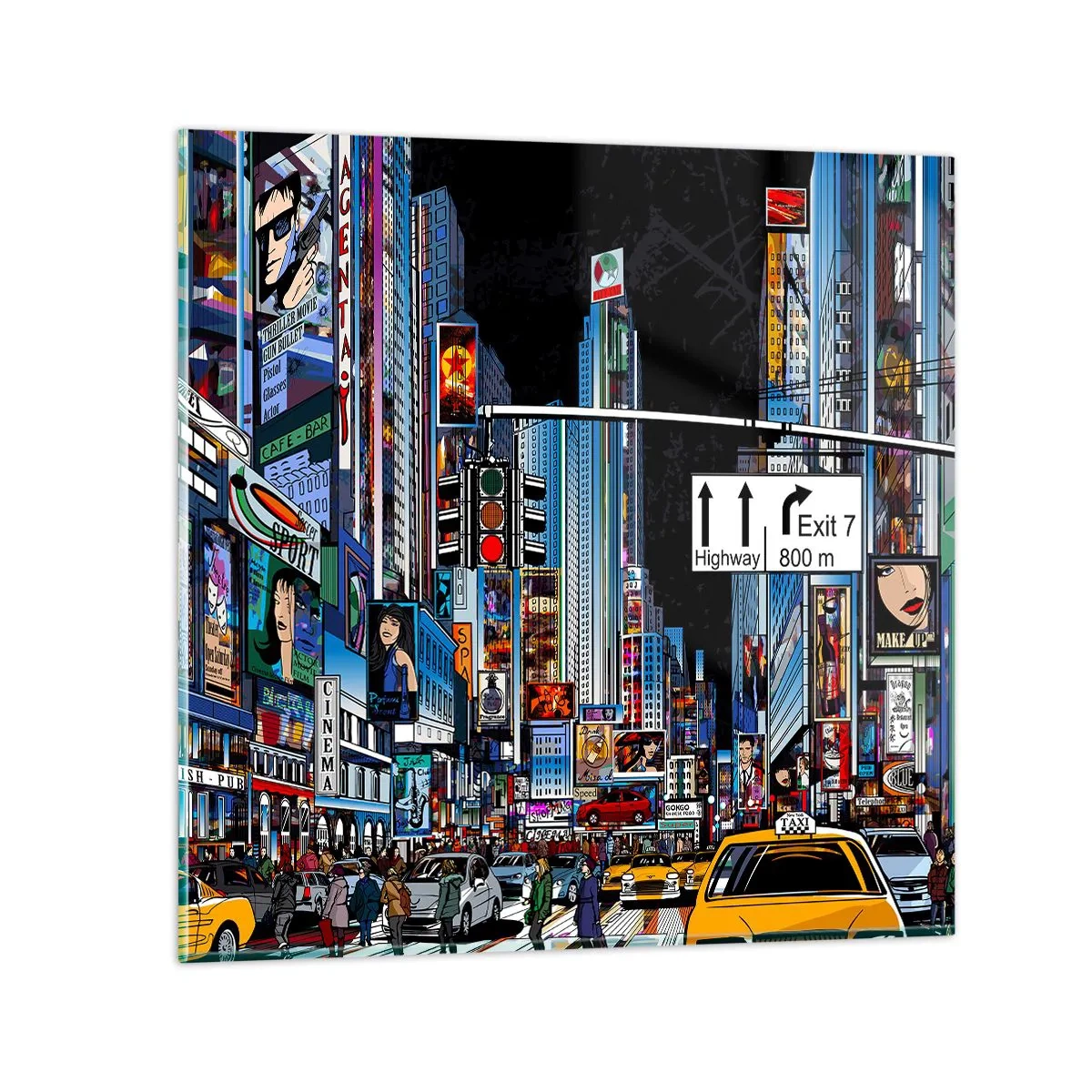 Glass picture - Comic Night in a Big City - 30x30 cm