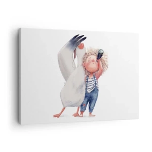 Canvas picture - Illustration of a child with a pelican and a telescope in his hand - 70x50cm - Plan of a Great Journey - Modern wall decoration for the living room and bedroom ARTTOR