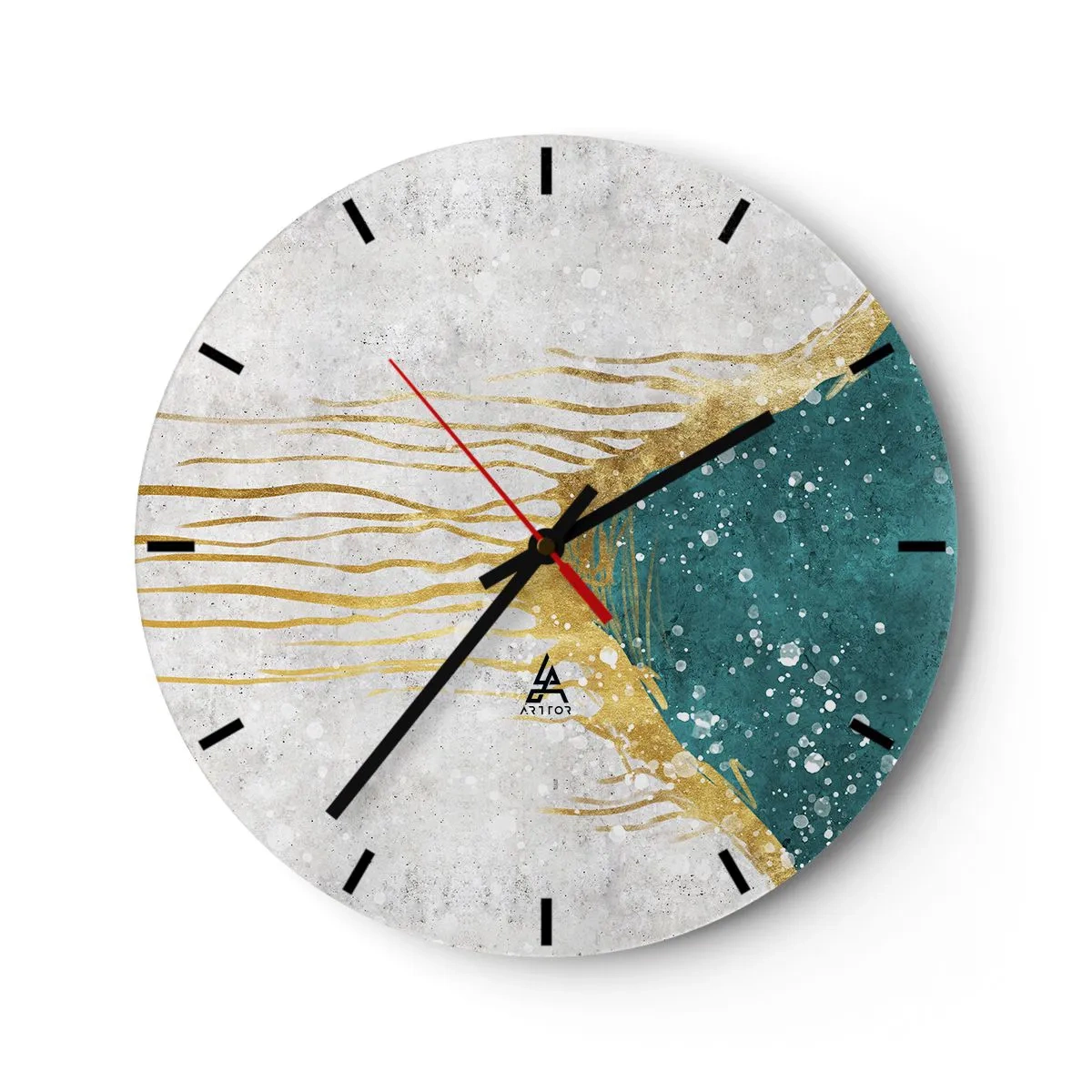 Wall clock - Clock on glass - Gold lines and turquoise texture on a white background - 30x30cm - Golden Tide - Modern wall decoration for the living room, kitchen, and bedroom ARTTOR