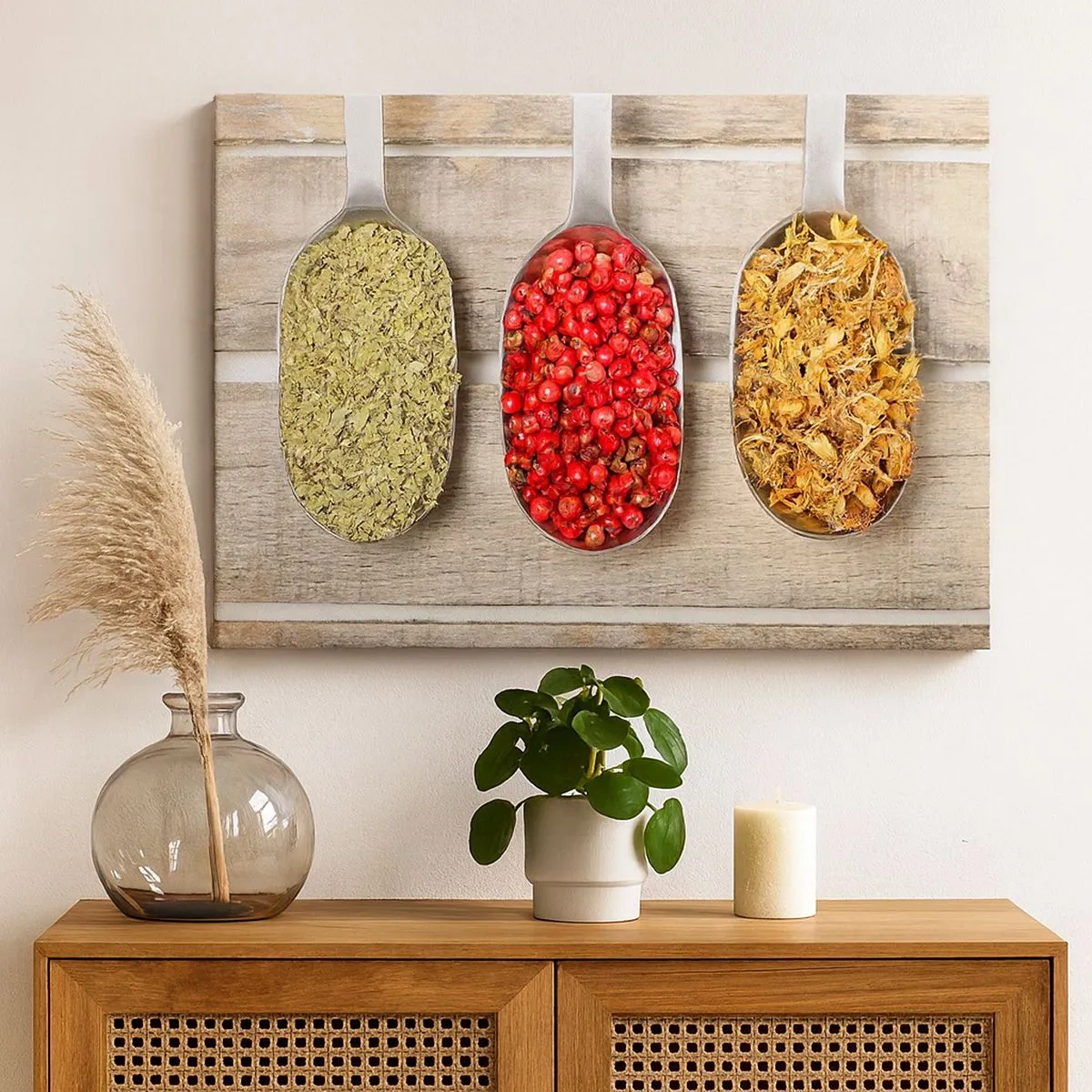 Canvas picture - Three metal spoons with spices on a wooden background - 70x50cm - Kitchen Magic - Modern wall decoration for the living room and bedroom ARTTOR