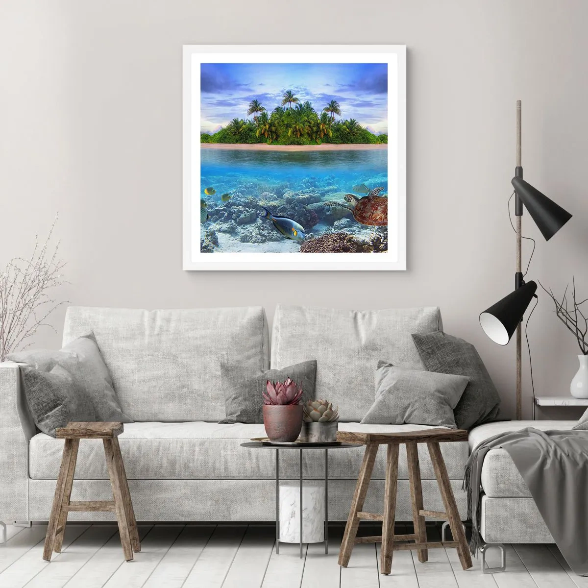 Poster in white frmae - Heavenly Island Invites You - 60x60 cm
