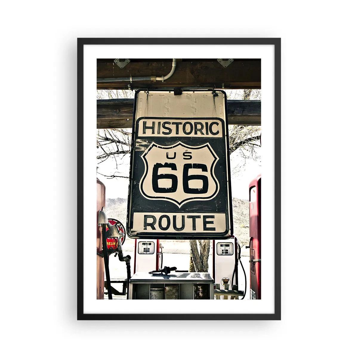 Poster in black frame - Route 66 sign in front of a gas station - 50x70cm - American Retro Trip - Modern wall decoration for the living room and bedroom ARTTOR