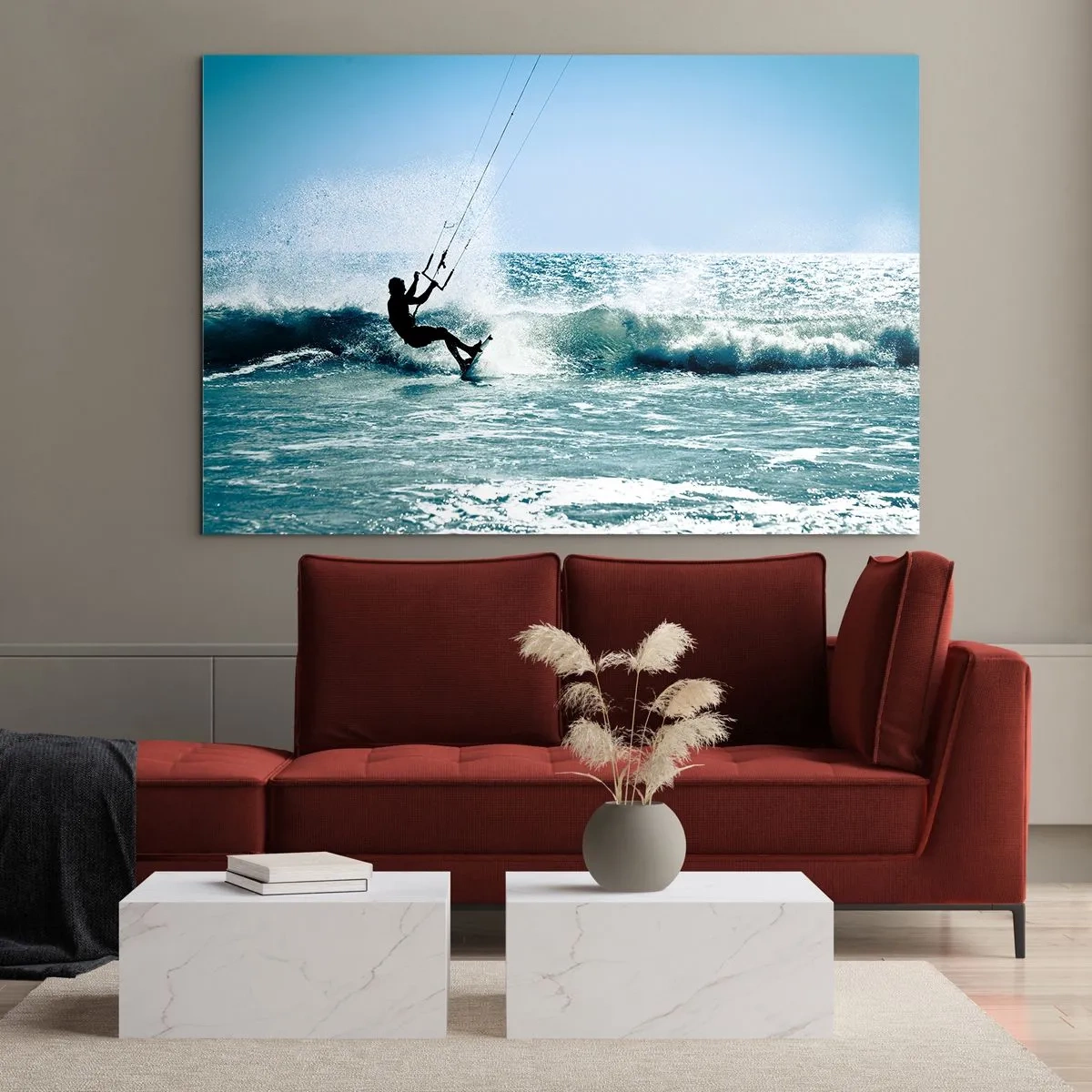 Glass picture - Kitesurfer on the ocean waves on a sunny day - 70x50cm - Let You Be Carried Away - Modern wall decoration for the living room and bedroom ARTTOR