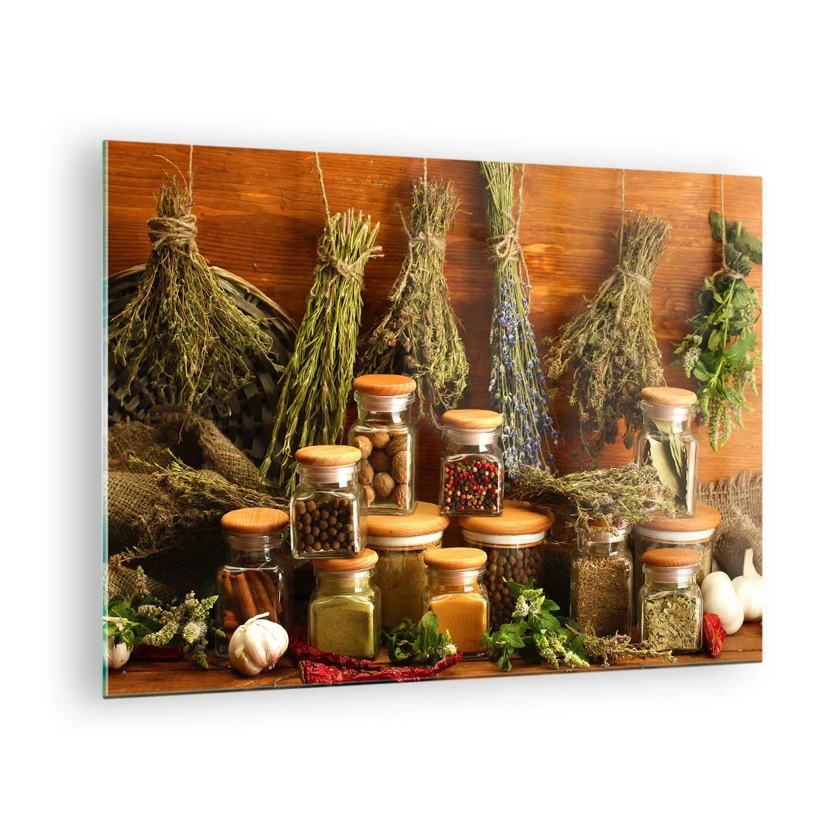Glass picture - Herbs and spices in jars on a wooden background - 70x50cm - Kitchen Magic - Modern wall decoration for the living room and bedroom ARTTOR