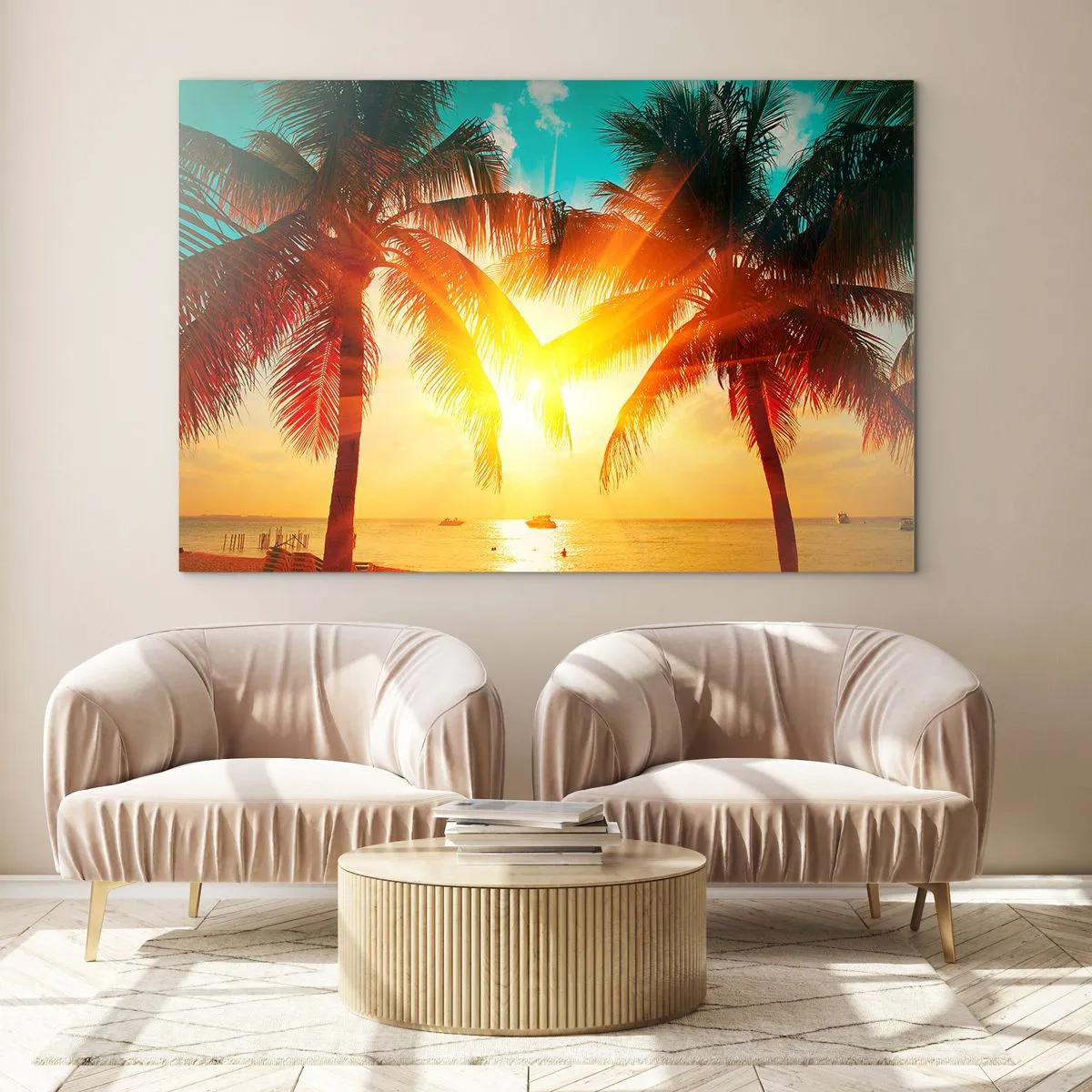 Glass picture - Sunlit palm trees over a tropical beach - 70x50cm - Exotic Couple - Modern wall decoration for the living room and bedroom ARTTOR