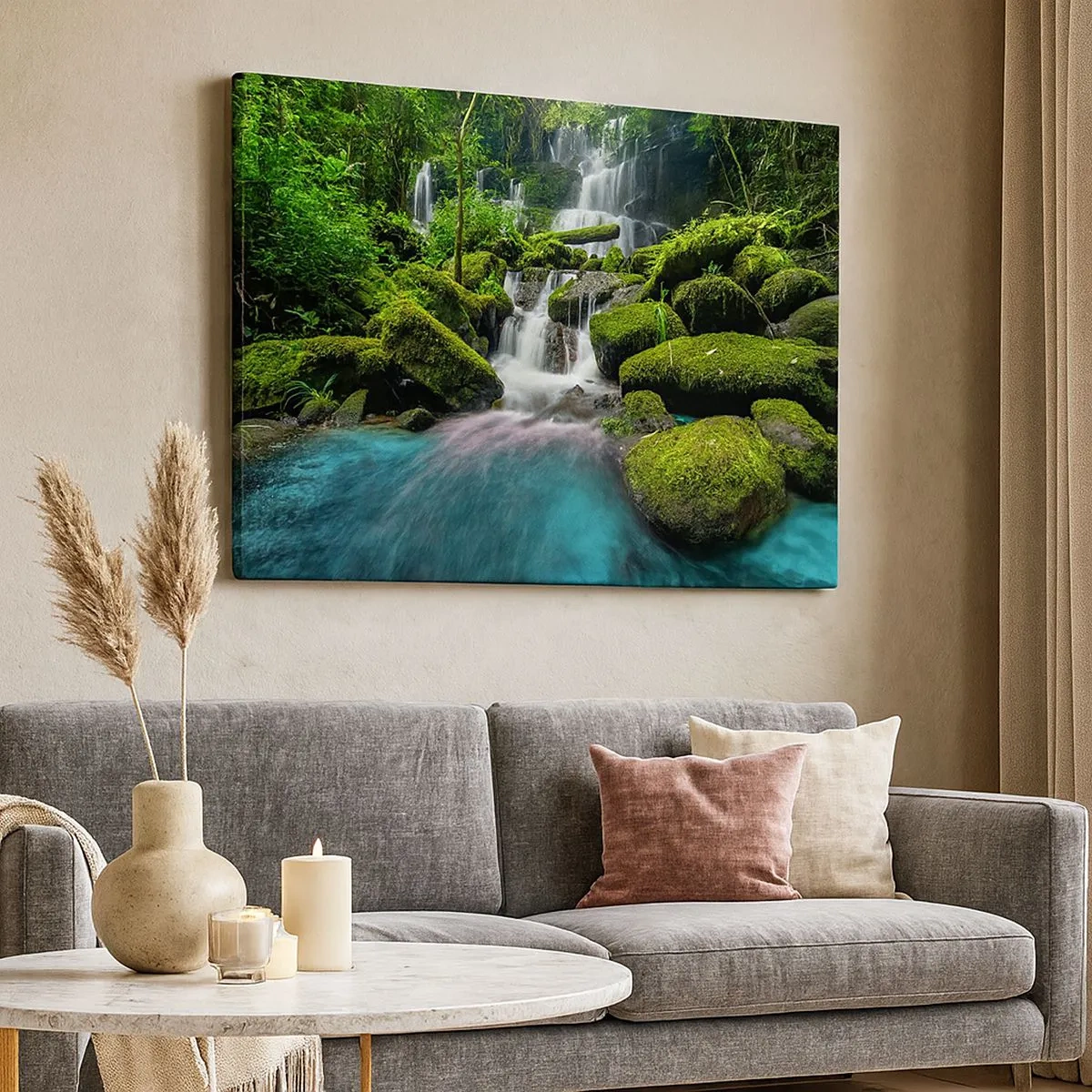Canvas picture - A tropical waterfall surrounded by greenery and turquoise water - 70x50cm - Turquoise, Sapphire and Silver - Modern wall decoration for the living room and bedroom ARTTOR