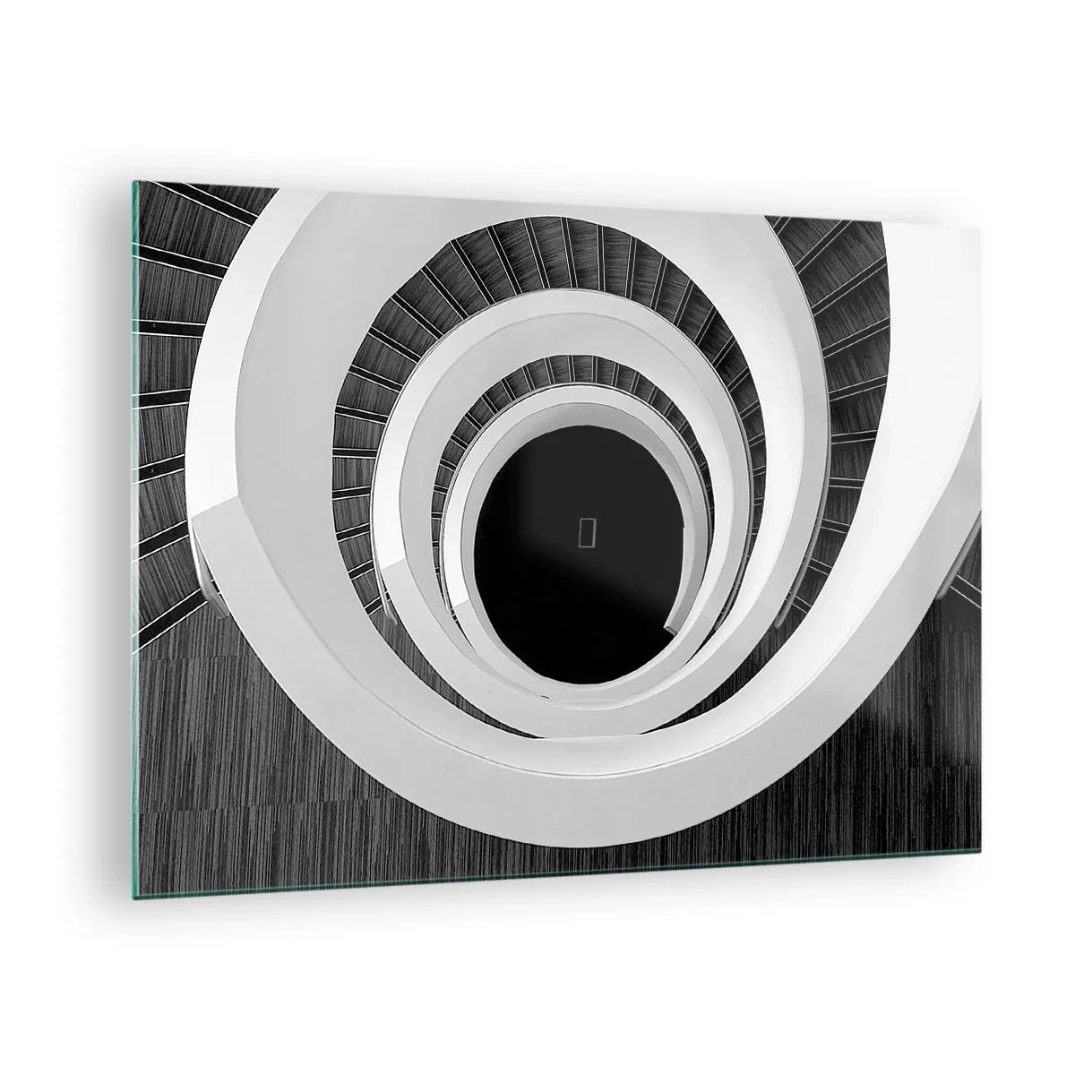 Glass picture - Black and white spiral staircase from above - 70x50cm - To the Point of the Matter - Modern wall decoration for the living room and bedroom ARTTOR