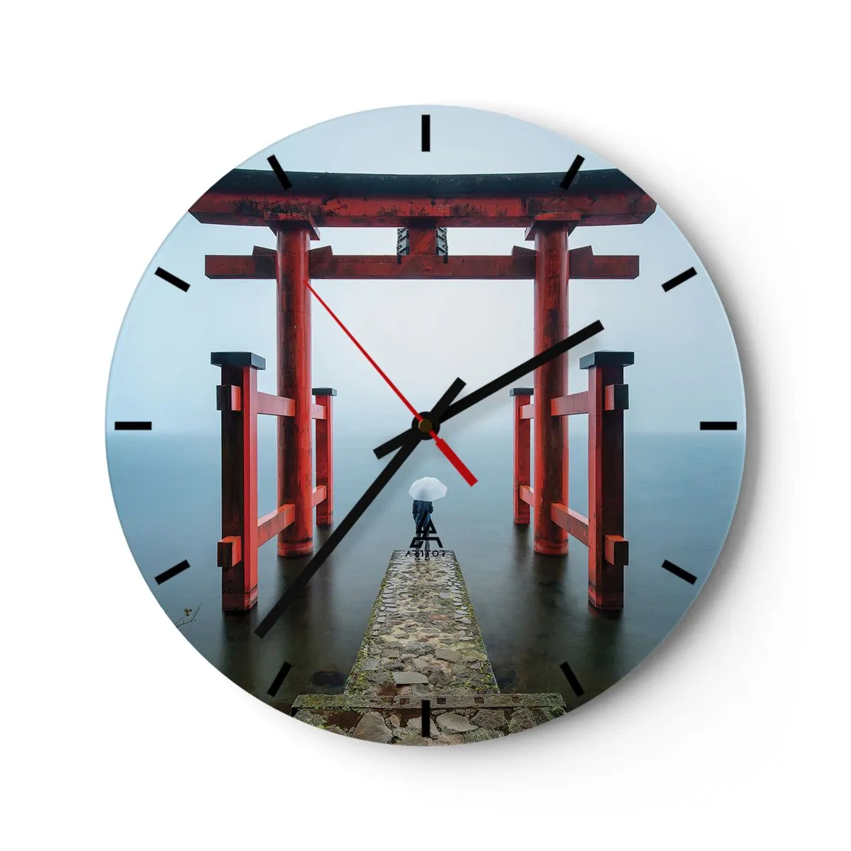 Wall clock - Clock on glass - Red Torii Gate over still water in the mist - 30x30cm - Japanese Musings - Modern wall decoration for the living room, kitchen, and bedroom ARTTOR