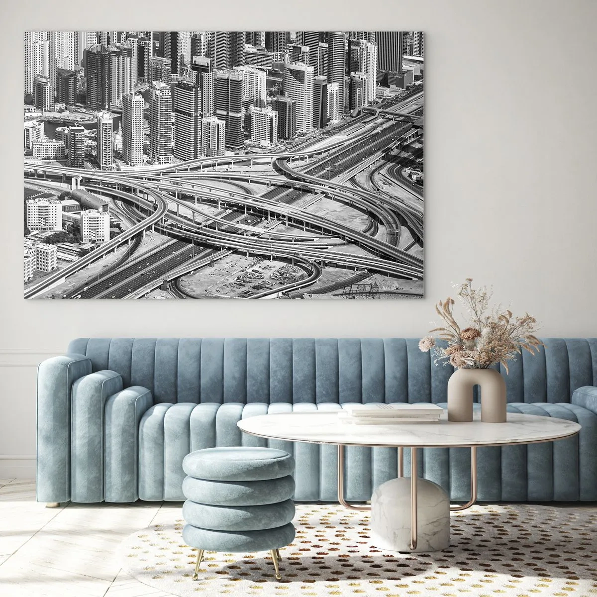Glass picture - Black and white panorama of the city with a motorway junction - 70x50cm - Dubai - Impossible City - Modern wall decoration for the living room and bedroom ARTTOR